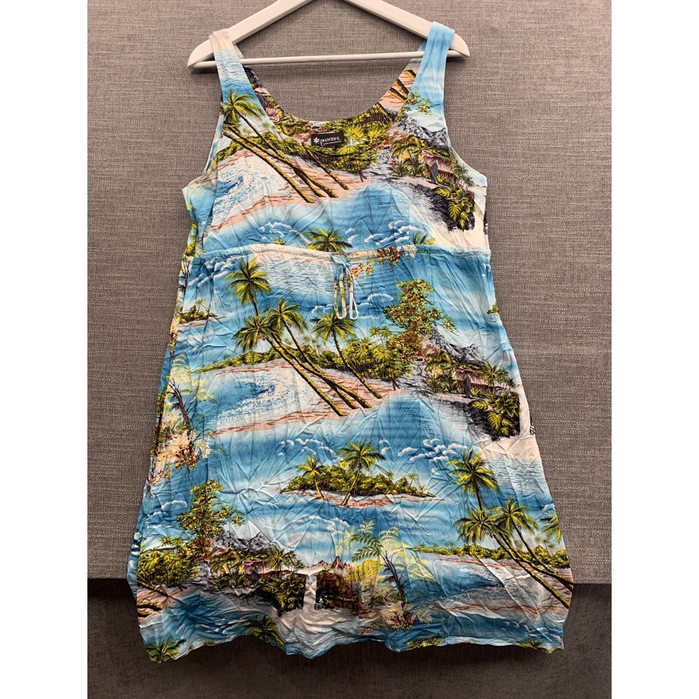 Puanani By RJC Hawaiian Dress Womens XL Blue Hibiscus Tropical Rayon Sleeveless